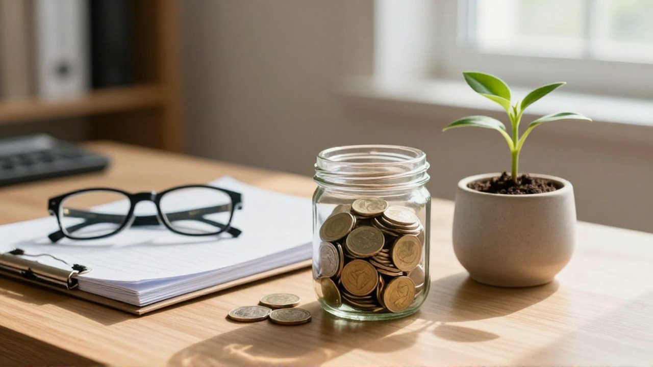 Unas gafas de lectura descansan sobre documentos apilados junto a un frasco con monedas de oro y una pequeña planta.