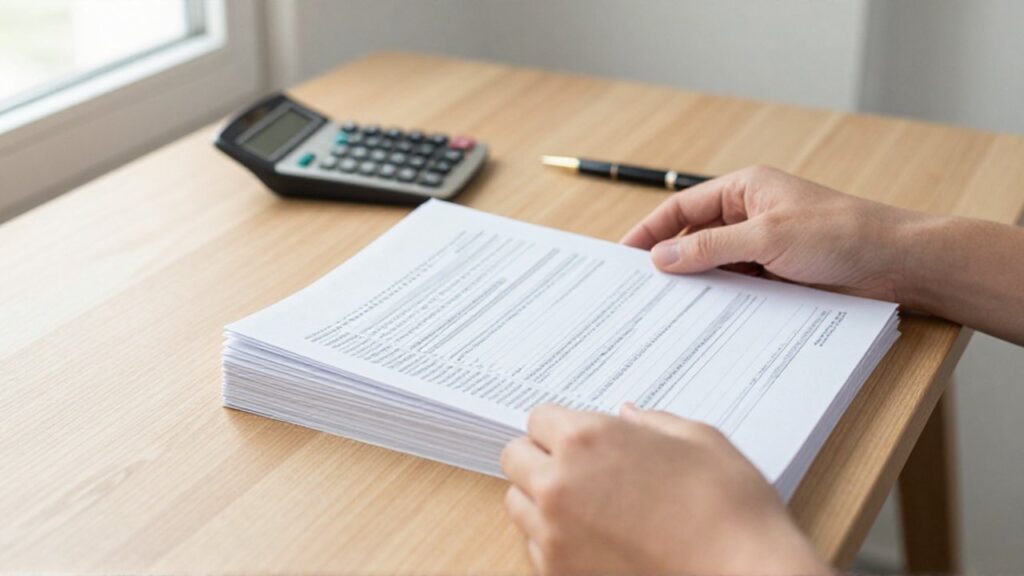 Unas manos organizan documentos financieros y formularios sobre un escritorio de madera con una calculadora y un bolígrafo.