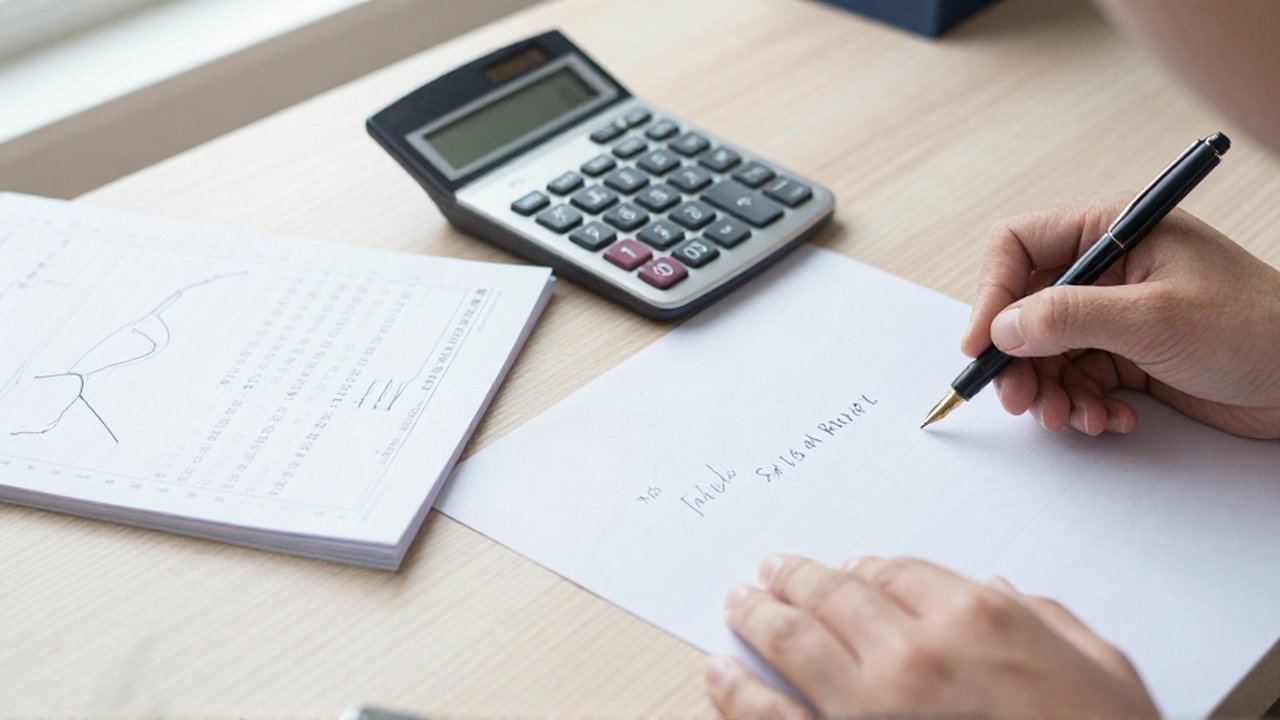 Unas manos usan una calculadora y un bolígrafo para revisar cifras escritas sobre un escritorio de madera.