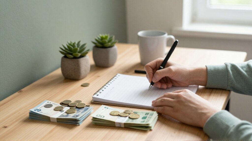 Una persona escribe en un planificador de papel mientras organiza monedas y billetes sobre un escritorio de madera.