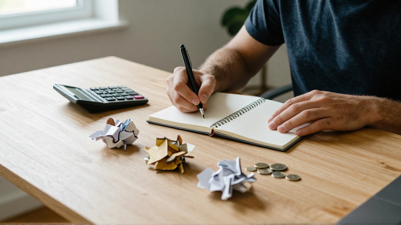 Una persona escribe en un cuaderno mientras organiza recibos y monedas sobre un escritorio de madera.