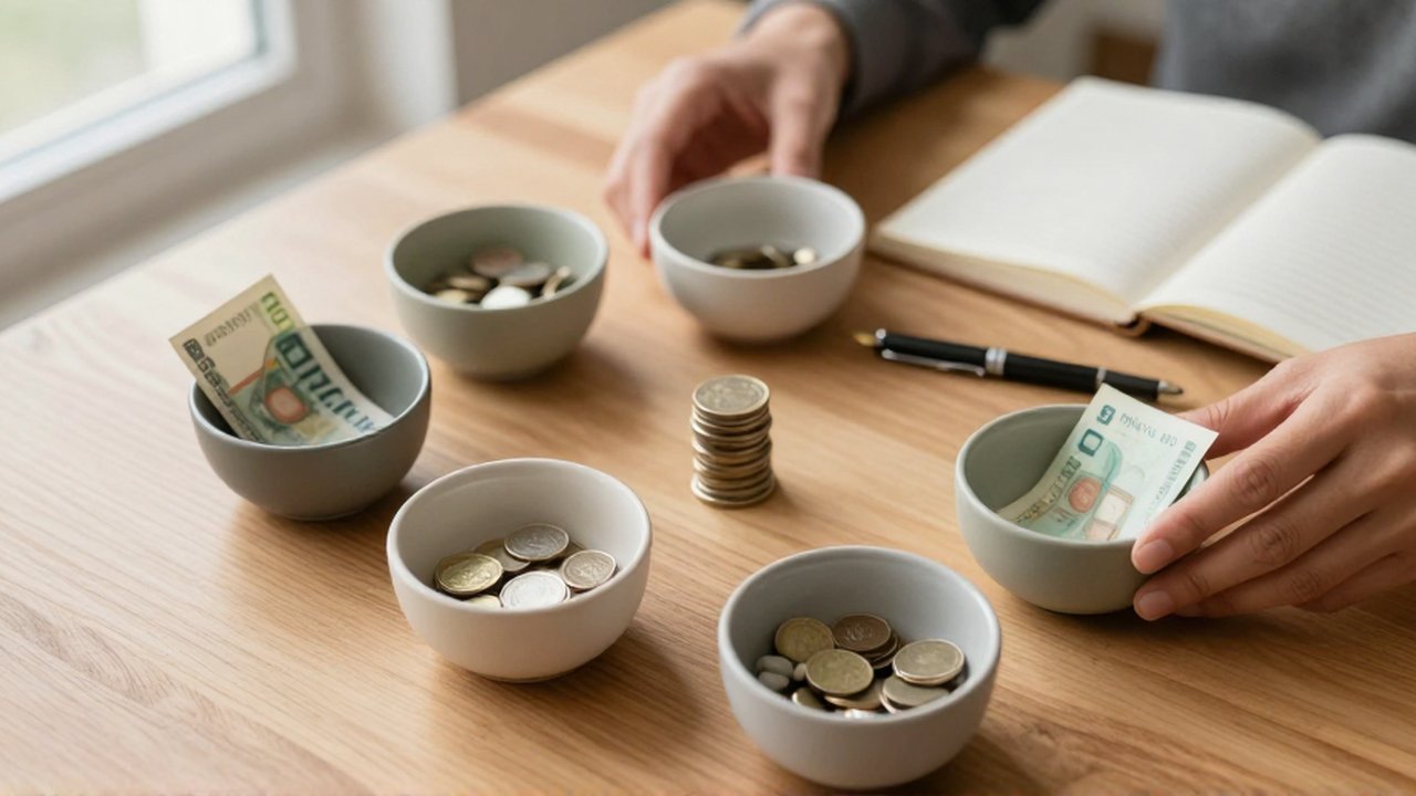 Cuencos cerámicos con billetes, monedas y piedras sobre un escritorio de madera junto a un cuaderno.