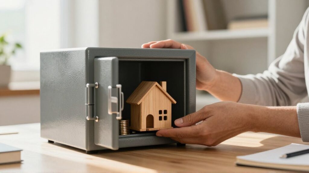 Una persona coloca con cuidado una pequeña maqueta de madera de una casa en una caja fuerte metálica.