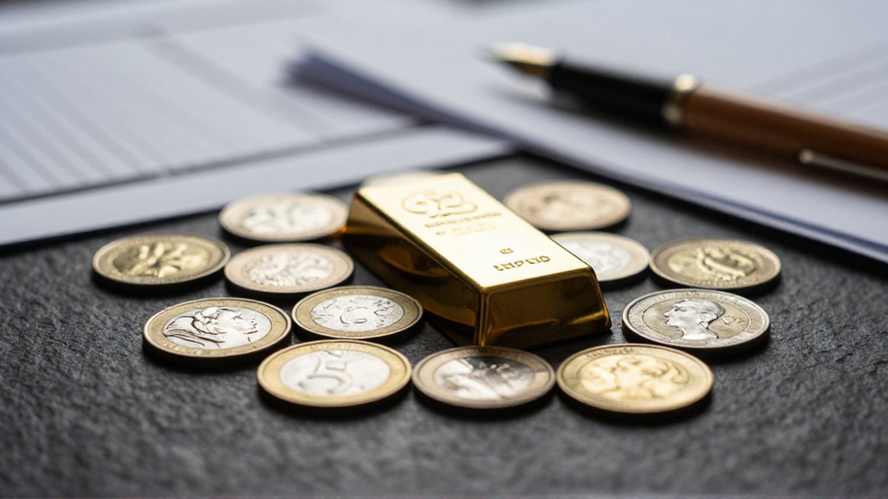 Lingotes de oro y plata con monedas dispuestas sobre una superficie de piedra oscura junto a un bolígrafo.