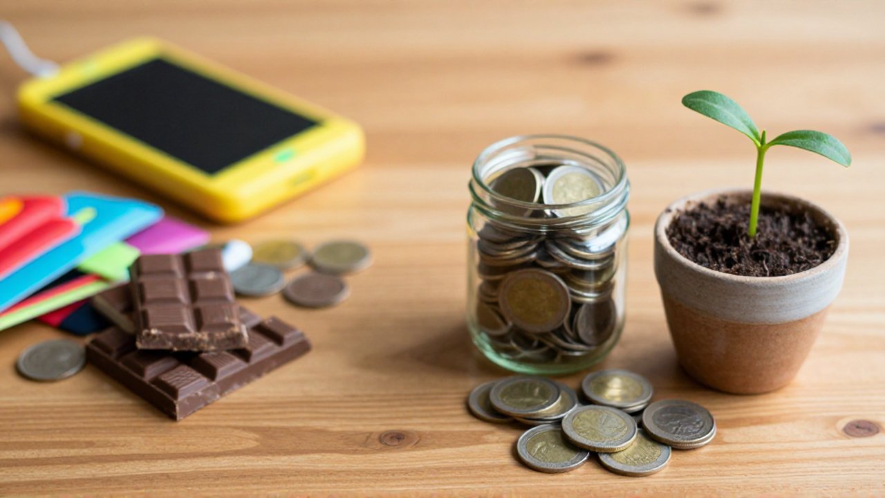 Un montón de chocolate y un dispositivo junto a un frasco de monedas y una planta pequeña sobre una mesa de madera.