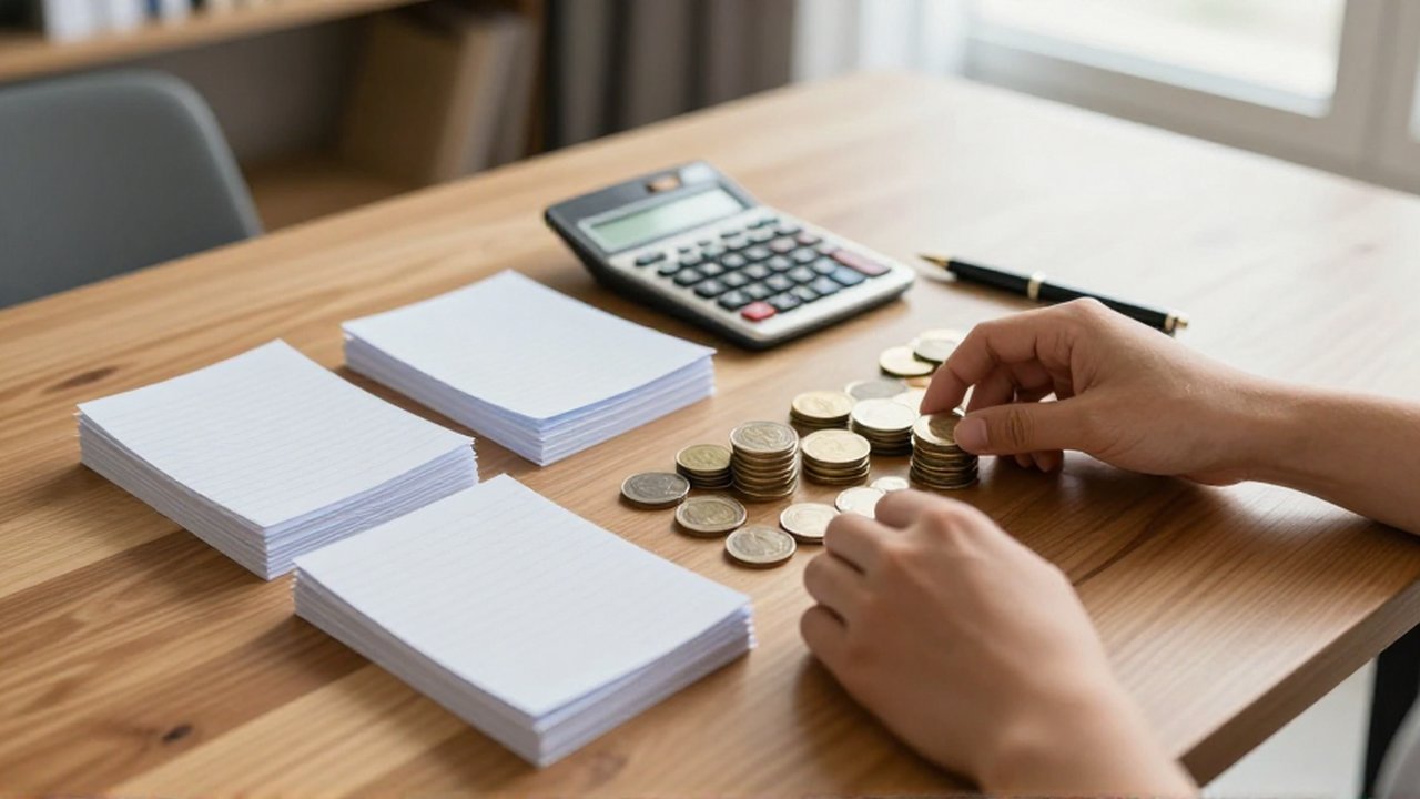 Unas manos separan pilas de monedas y documentos sobre un escritorio de madera junto a una calculadora y un bolígrafo.
