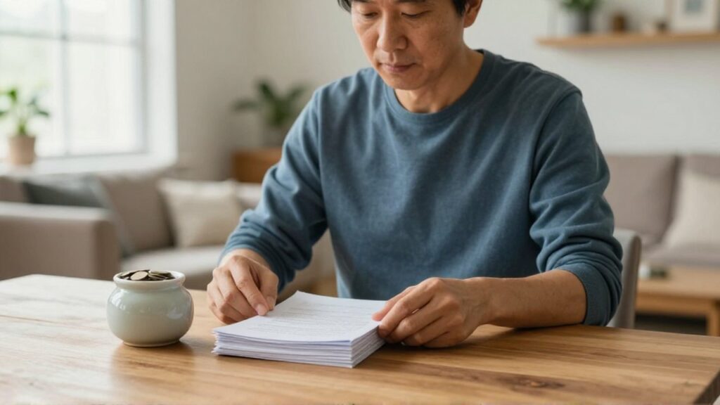 Una persona de mediana edad organiza documentos de ahorro y un frasco con monedas sobre una mesa de madera.