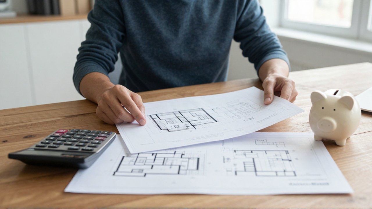 Manos de una persona organizando planos arquitectónicos, documentos, una calculadora y una hucha sobre una mesa de madera.