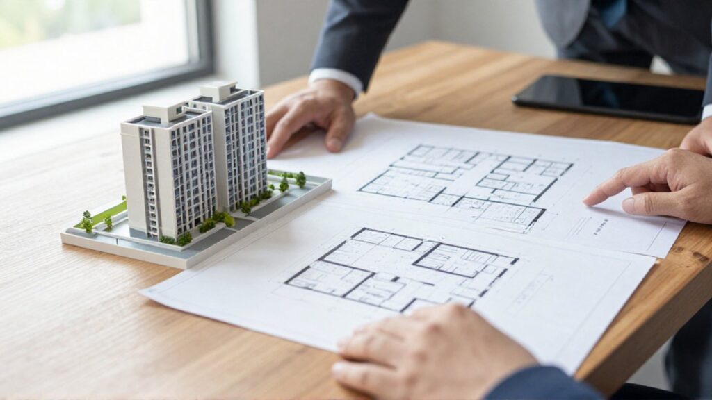 Manos que revisan planos y documentos sobre un escritorio de madera junto a una maqueta residencial.