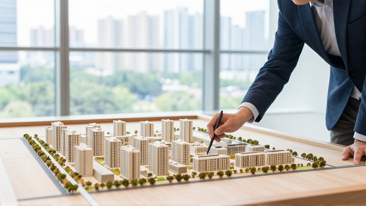Una persona señala con un lápiz digital un modelo arquitectónico de un distrito residencial urbano.
