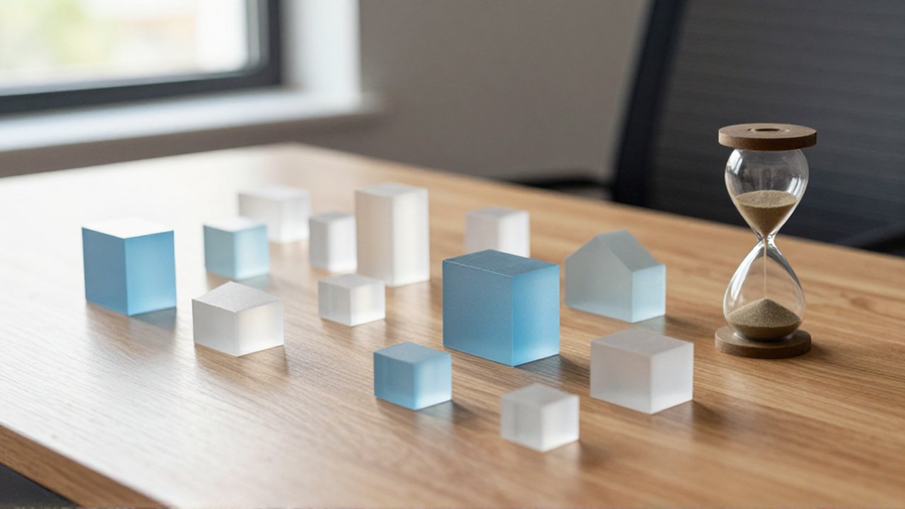 Maquetas de edificios y bloques geométricos de colores junto a un reloj de arena en un escritorio de madera.