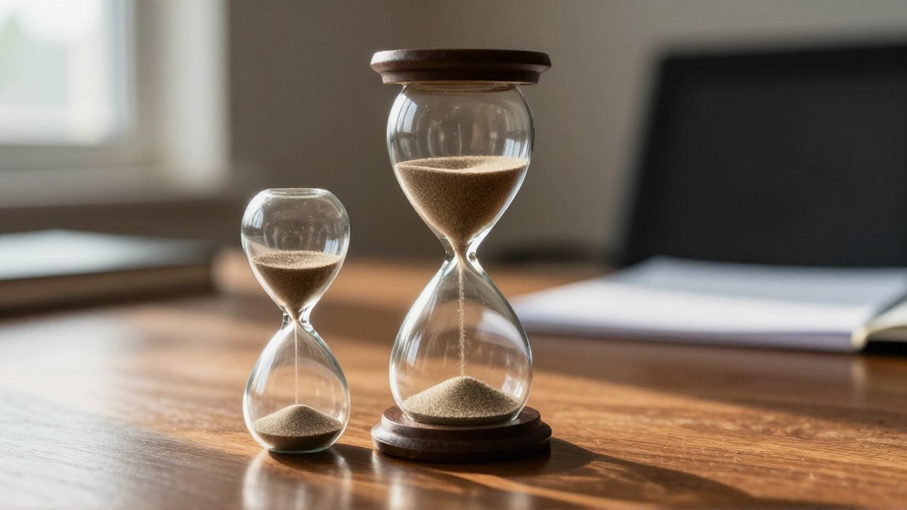 Dos relojes de arena de distintos tamaños sobre un escritorio de madera frente a una estantería de libros.