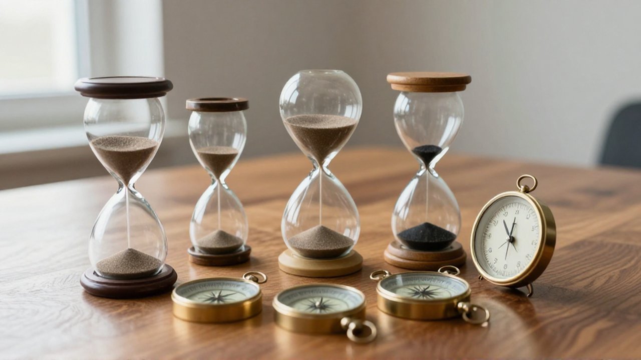Relojes de arena de diversos tamaños y relojes de sol antiguos sobre una mesa de madera junto a pequeñas brújulas.