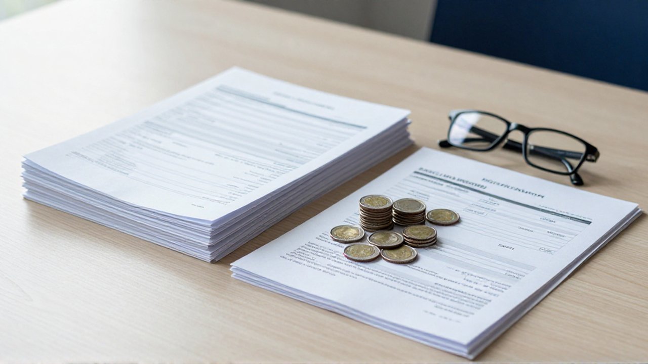 Dos pilas de documentos y monedas junto a unas gafas y un bolígrafo sobre un escritorio de madera.
