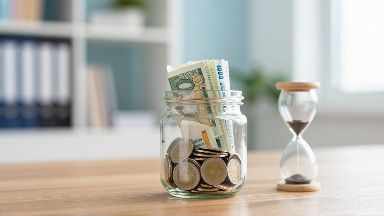 Frasco de vidrio con monedas y billetes junto a un reloj de arena sobre una mesa de madera.