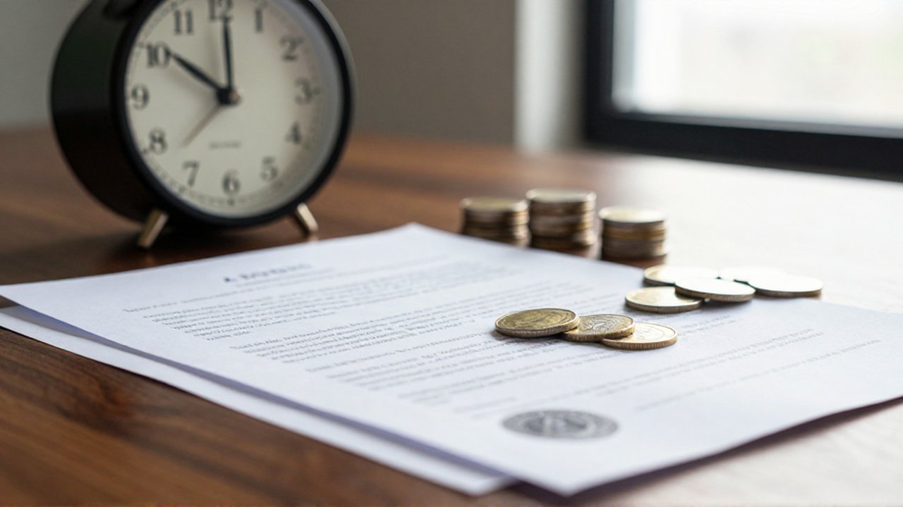 Documentos financieros, un reloj analógico y una pila de monedas sobre un escritorio de madera.