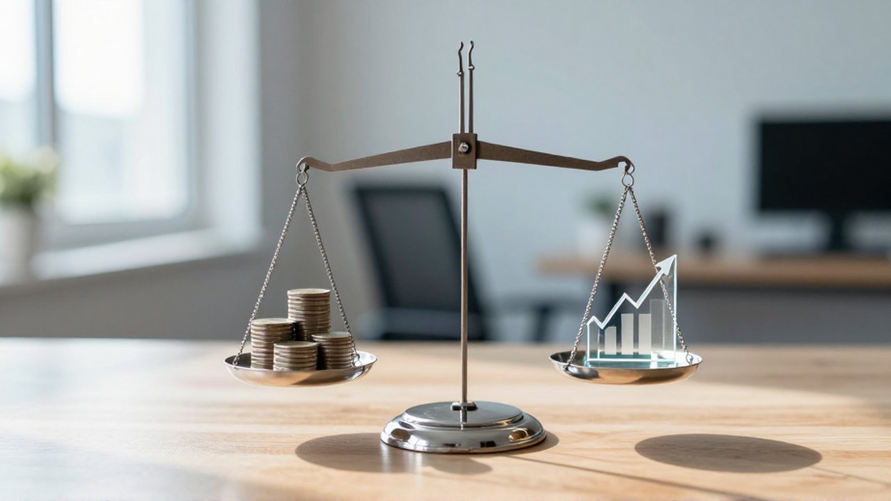 Una balanza equilibrada sobre un escritorio de madera sostiene una pila de monedas y un gráfico de cristal.