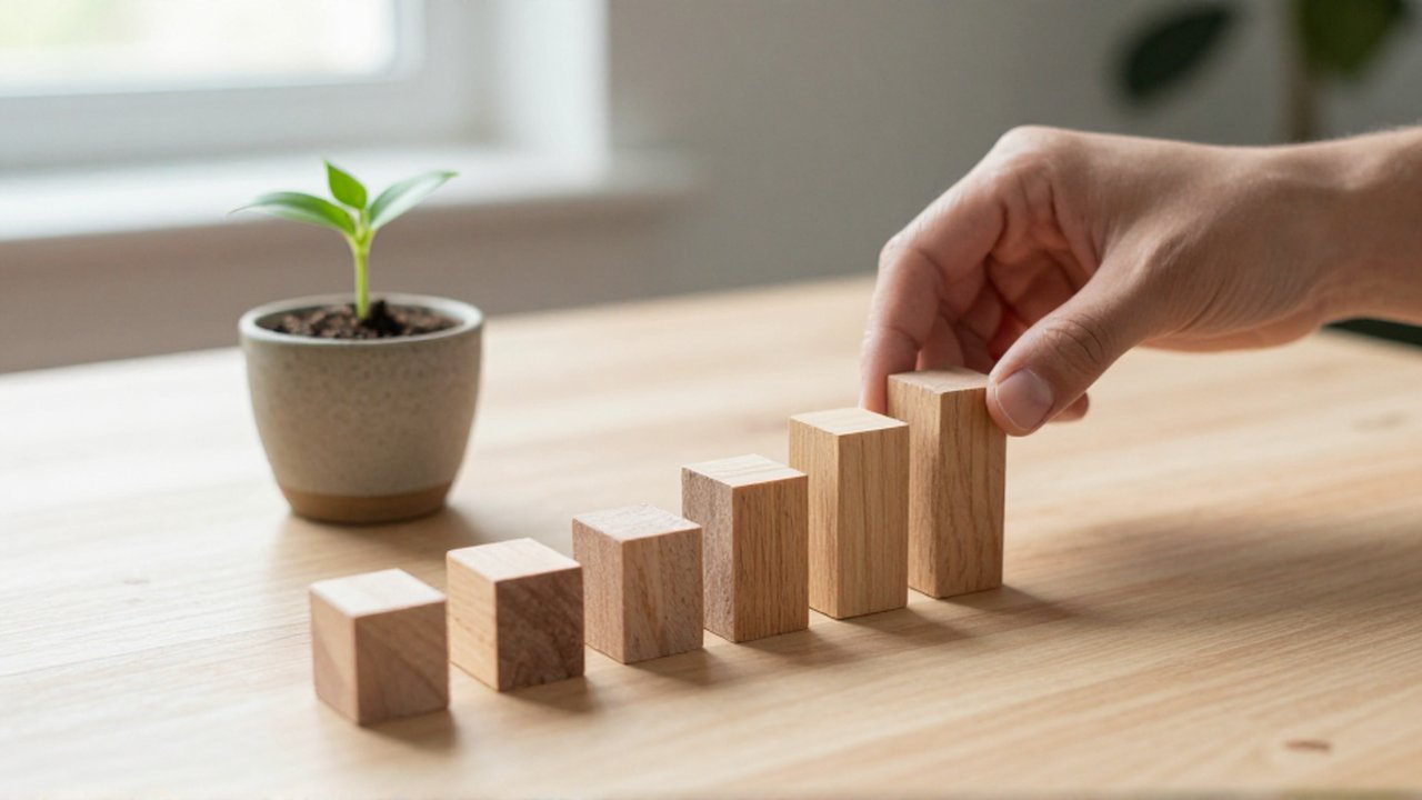 Unas manos colocan pequeños bloques de madera formando una escalera ascendente sobre un escritorio junto a una planta pequeña.