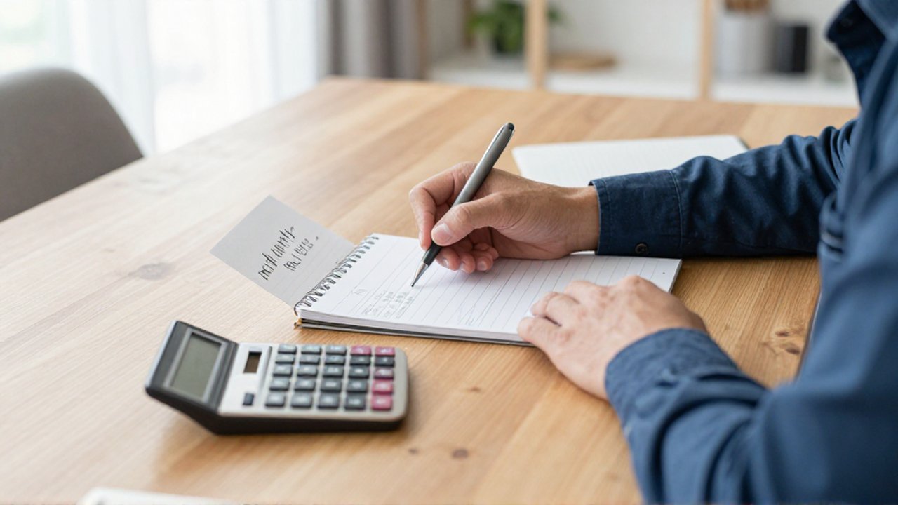 Persona sentada en un escritorio de madera revisando una lista de gastos con una calculadora y un cuaderno.