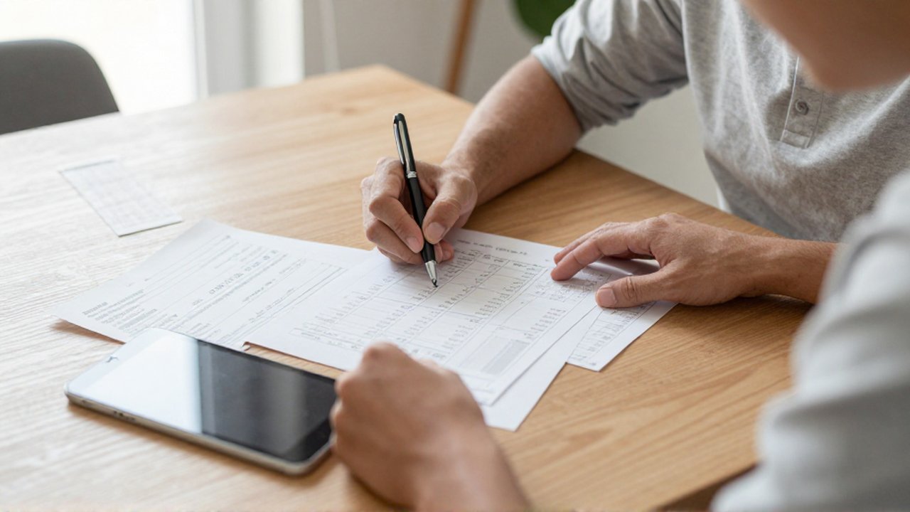Una persona escribe cálculos en un papel sobre una mesa de madera junto a recibos médicos y una tableta.
