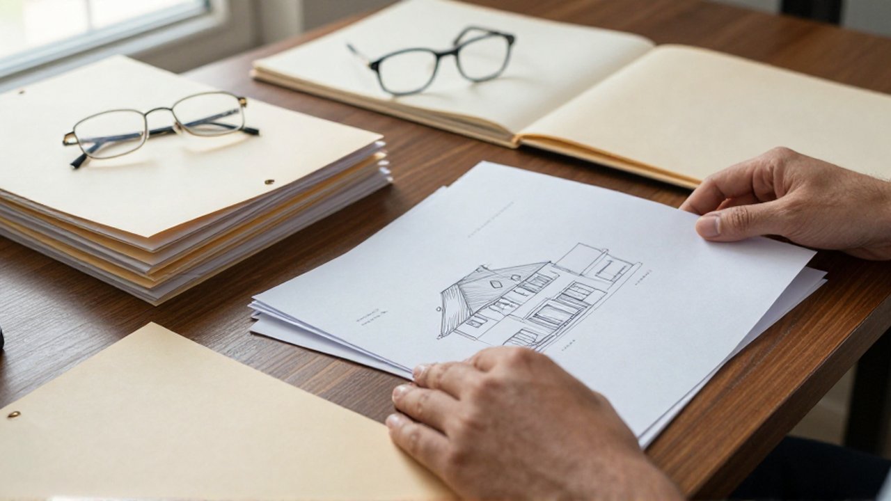Manos clasificando documentos oficiales, planos arquitectónicos y carpetas legales sobre un escritorio de madera.