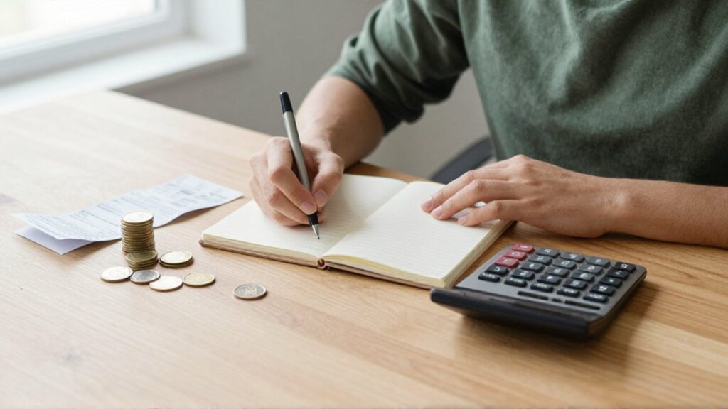 Una persona escribe en un cuaderno sobre un escritorio de madera con una calculadora