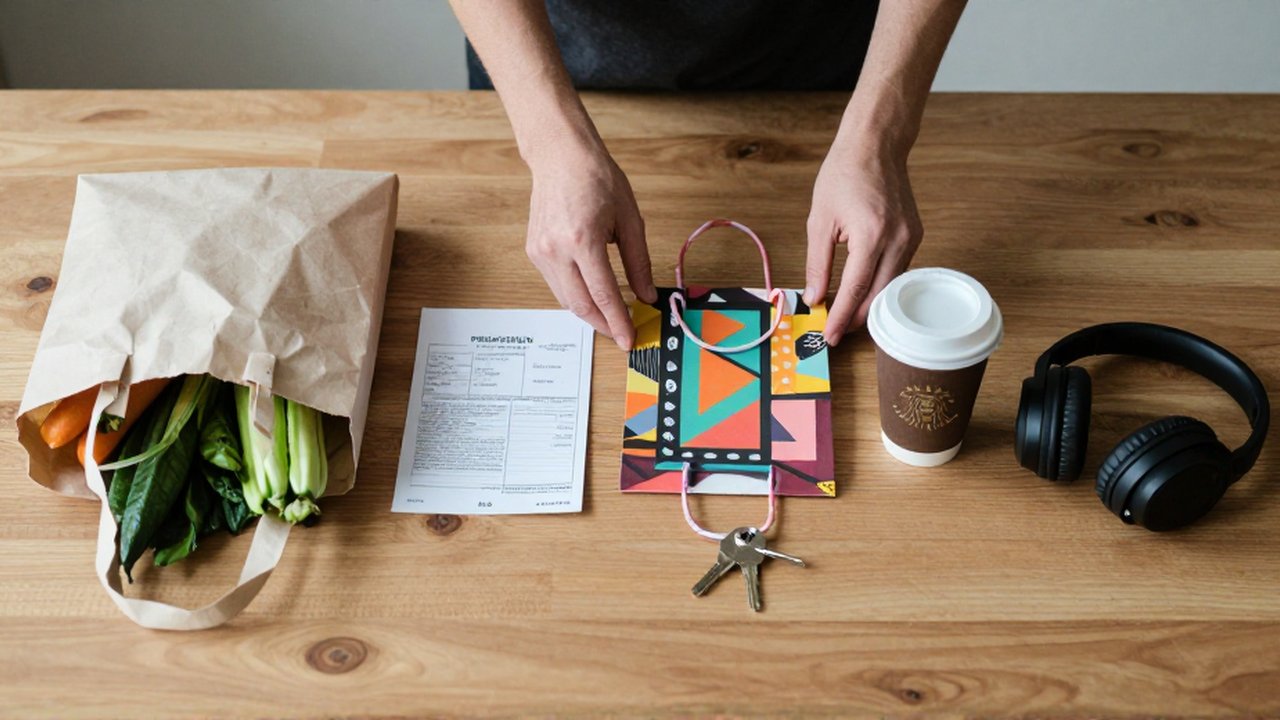 Unas manos separan objetos de primera necesidad de artículos de estilo de vida sobre una mesa de madera.