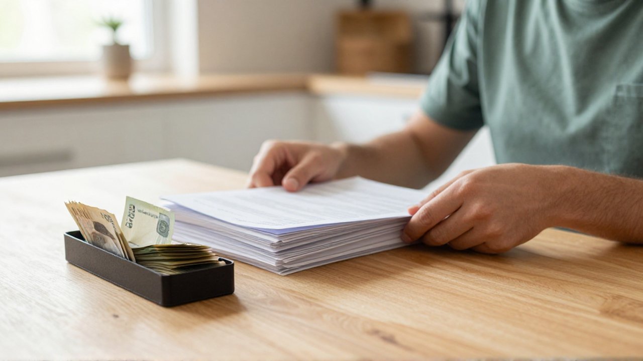 Una persona organiza documentos y billetes en un portaobjetos sobre una mesa de madera.
