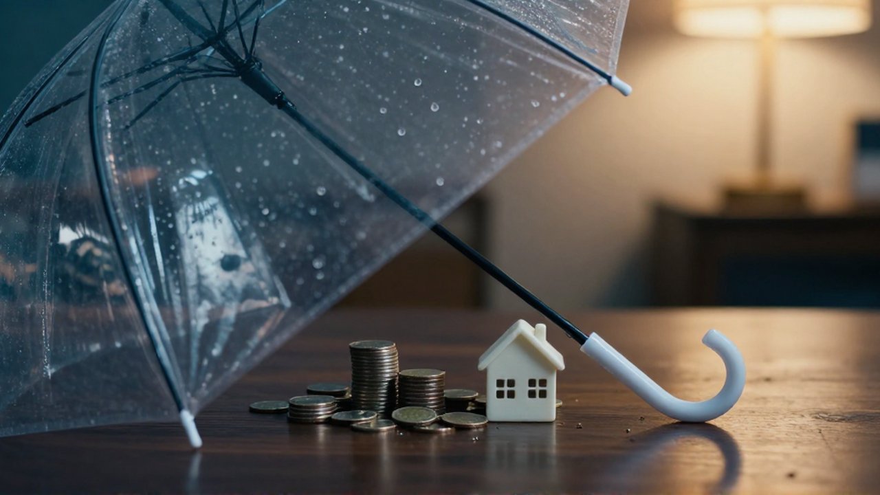 Un paraguas de cristal transparente protege una pila de monedas y una casa en miniatura sobre una mesa de madera.