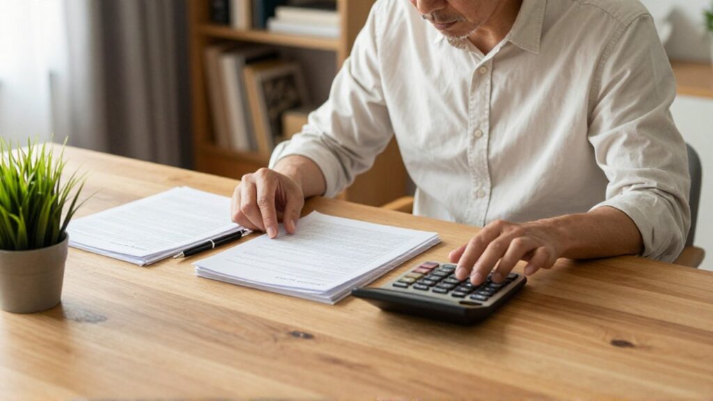 Persona madura revisa documentos y una calculadora sobre una mesa de madera en una oficina iluminada.