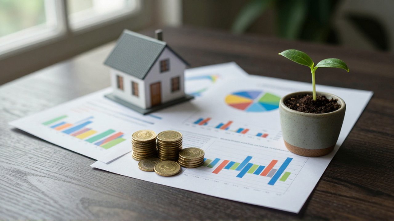 Monedas de oro, una maqueta de casa, gráficos financieros y una pequeña planta sobre una superficie de madera oscura.