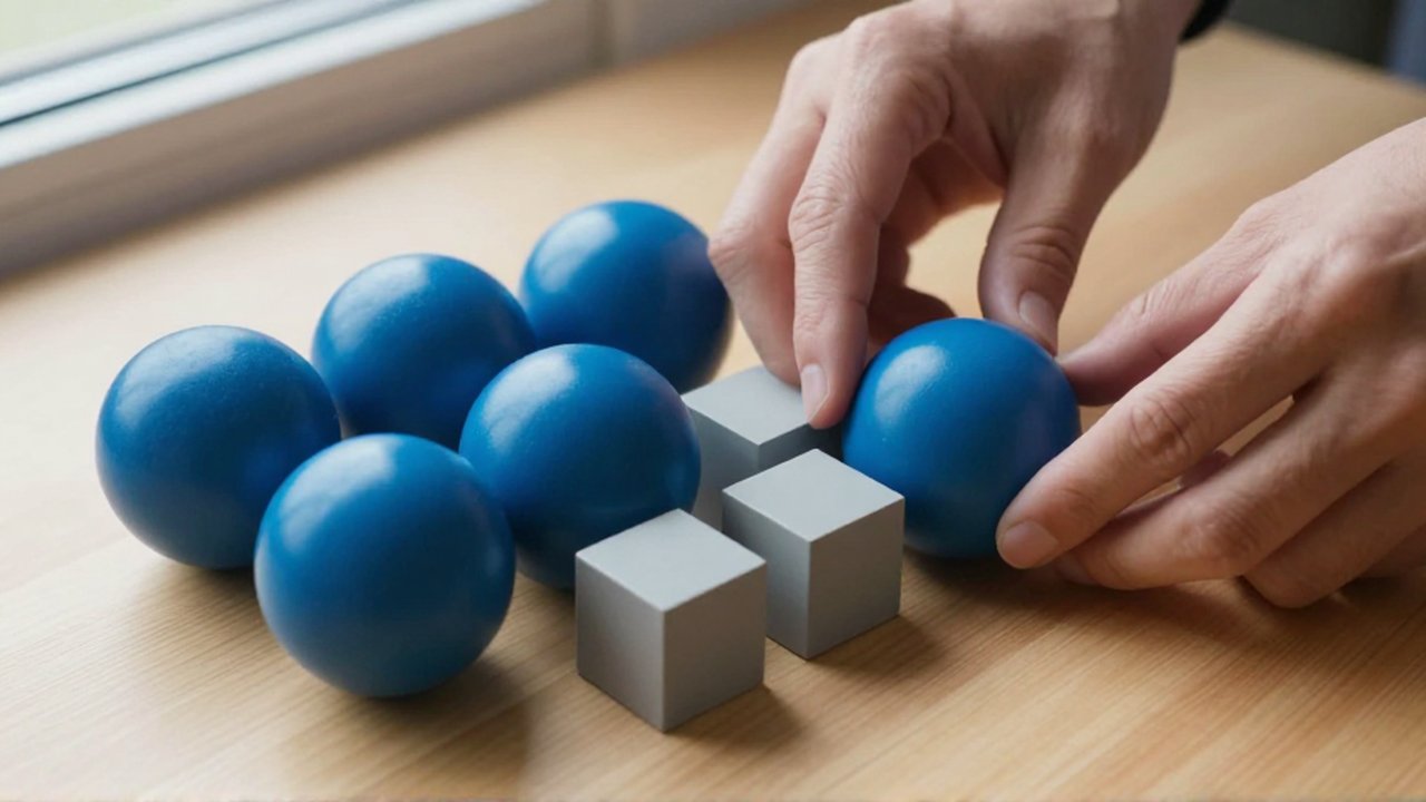 Unas manos reordenan esferas azules vibrantes y cubos grises mate sobre una superficie de madera.