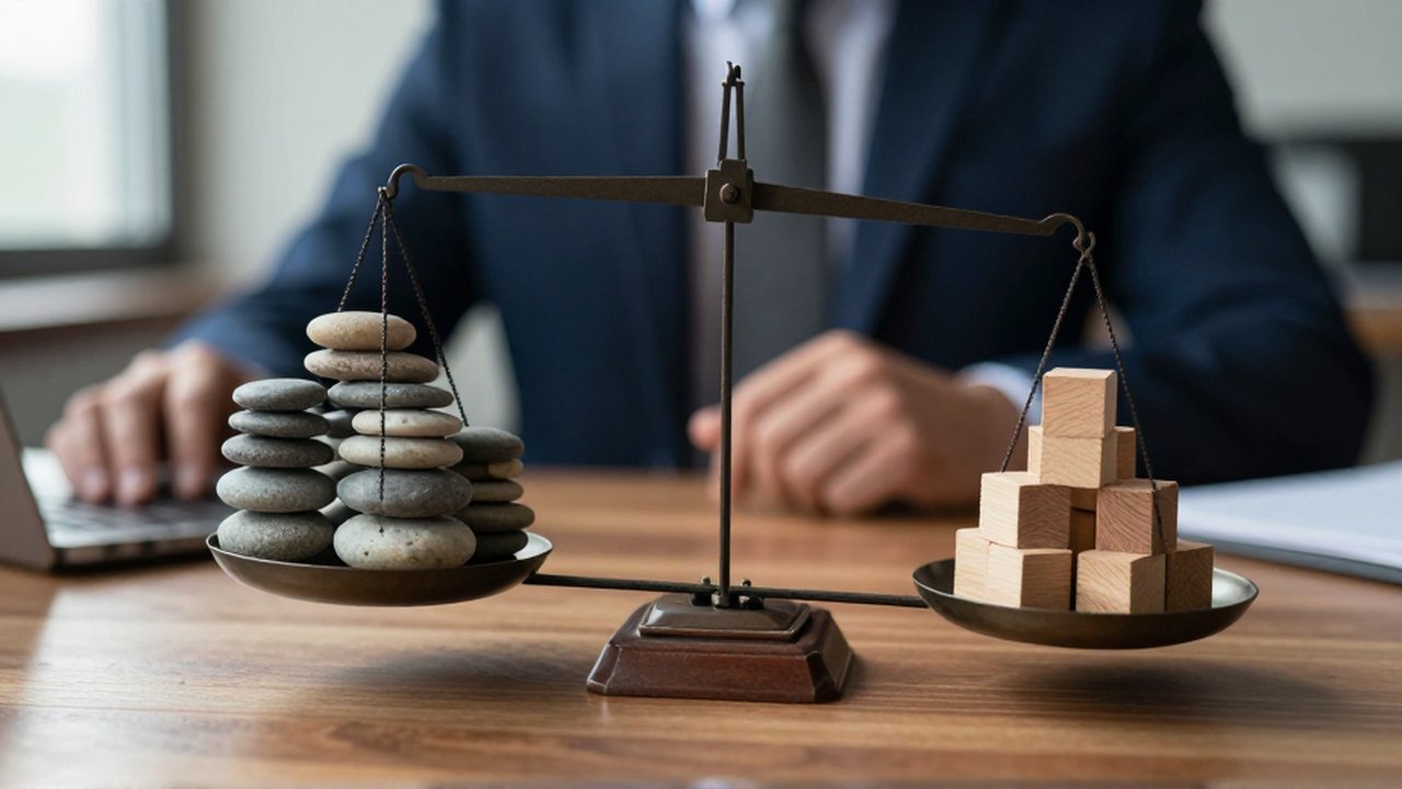 Una balanza inclinada sobre un escritorio de madera con pilas de piedras y bloques de madera.