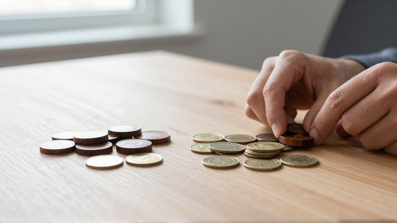 Manos organizando fichas de madera y monedas metálicas en dos grupos sobre un escritorio.
