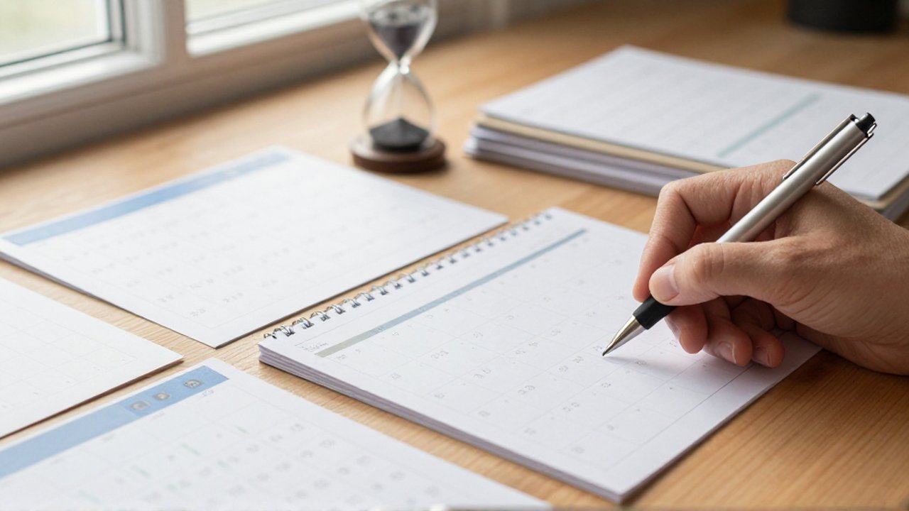 Una mano marca fechas en un planificador mensual sobre un escritorio con calendarios y un reloj de arena.