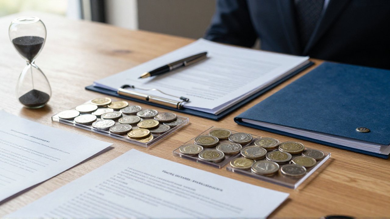 Documentos, un bolígrafo, un reloj de arena y monedas organizadas sobre un escritorio de madera.