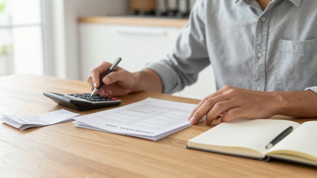 Una persona revisa documentos de gastos y usa una calculadora sobre una mesa de madera.