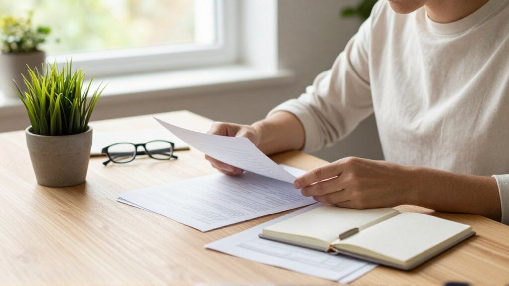 Persona sentada en un escritorio de madera revisando documentos y un libro de contabilidad junto a una planta.
