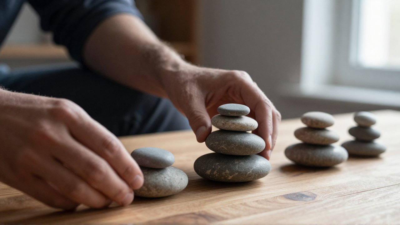 Unas manos ajustan piedras de distintos tamaños sobre una superficie de madera en un entorno minimalista.