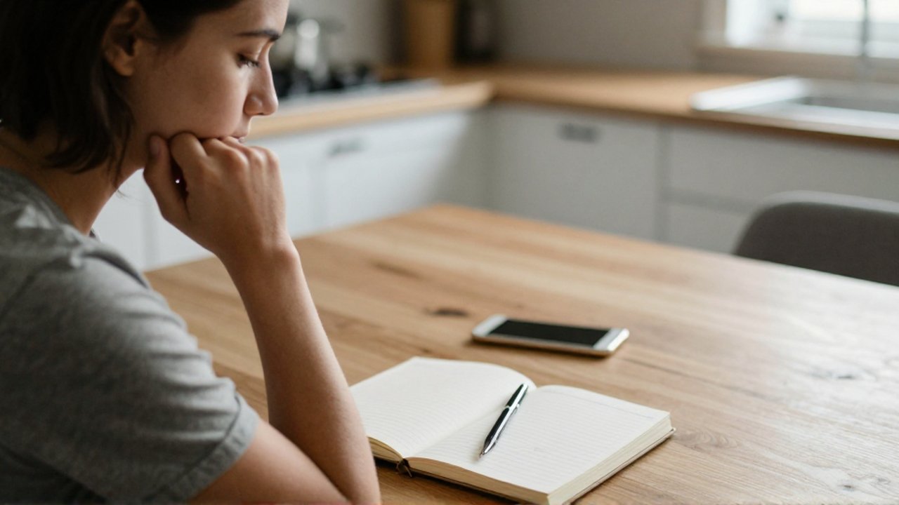 Una persona sentada frente a una mesa de madera observa pensativamente un diario manuscrito y un bolígrafo.