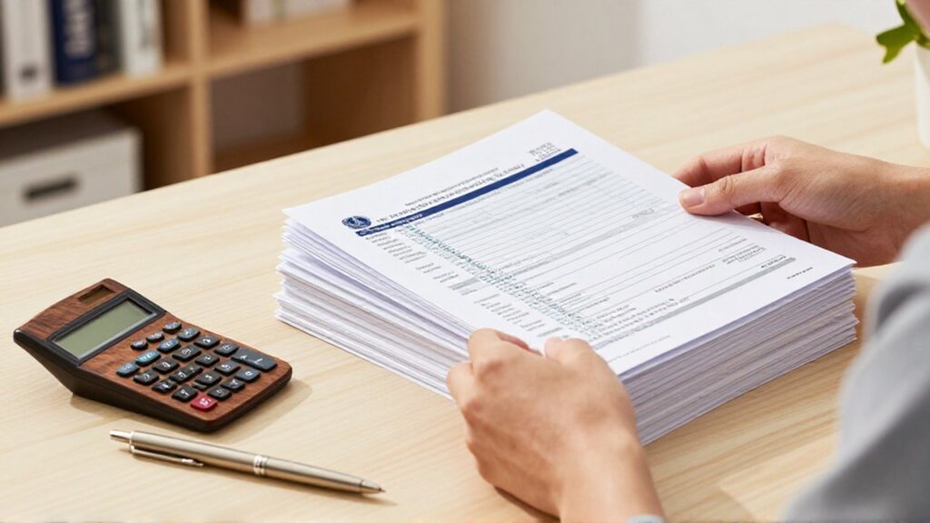Manos organizando documentos y formularios fiscales junto a una calculadora y una pluma sobre un escritorio.
