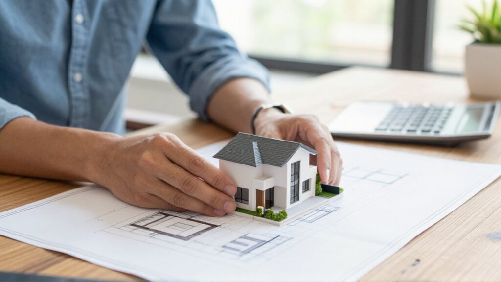 Unas manos colocan una pequeña maqueta de una casa moderna sobre un plano en una mesa de madera.