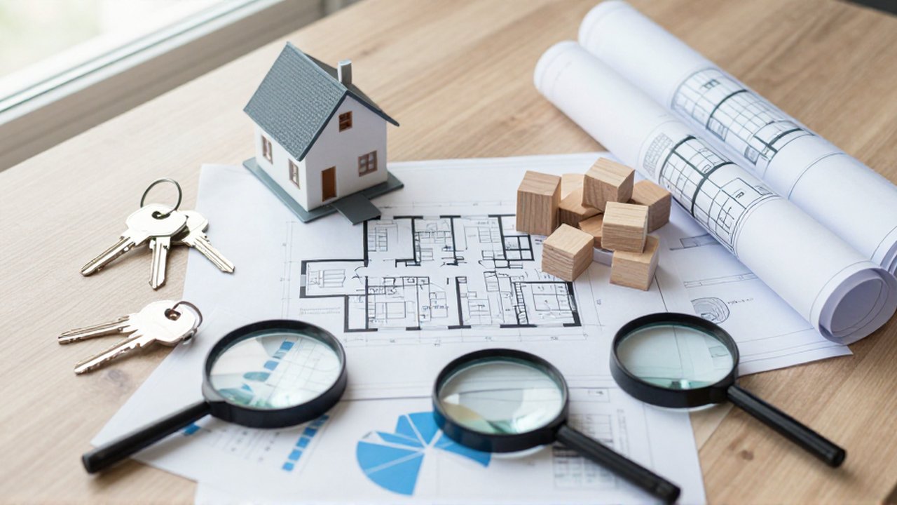Variedad de llaves, un plano arquitectónico, bloques de madera y lupas sobre tablas de gráficos financieros.