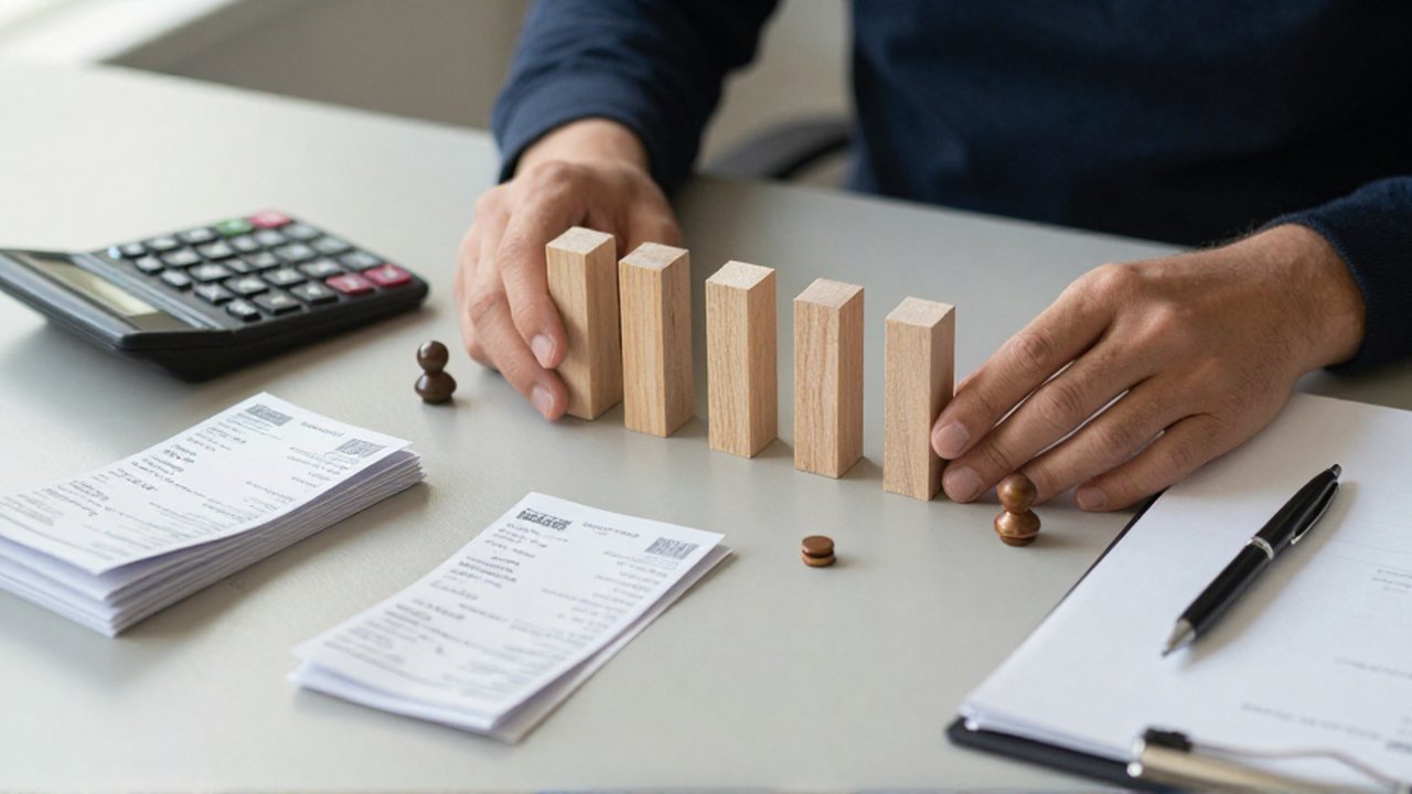 Manos organizando bloques de madera y fichas sobre un escritorio junto a una calculadora y recibos.