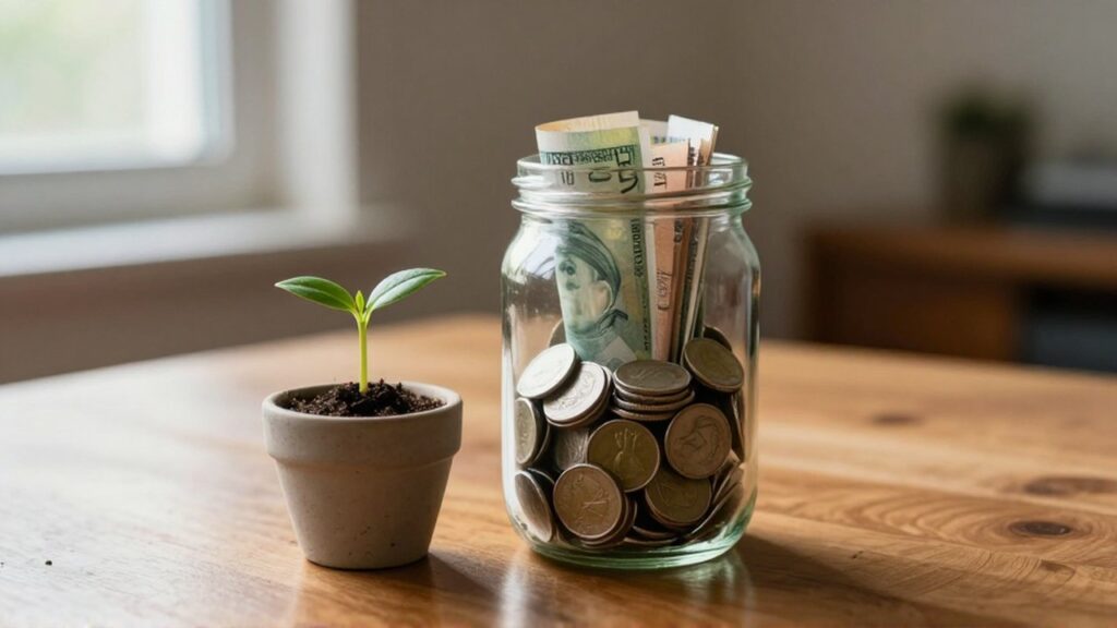 Un frasco de vidrio con monedas y billetes junto a una pequeña planta en una maceta cerámica.