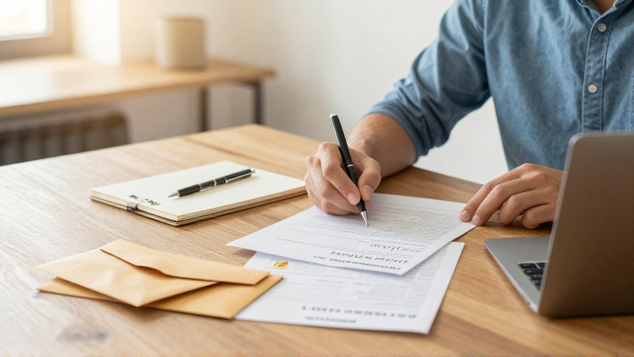Persona sentada ante una mesa de madera organizada revisando documentos y notas sobre un portátil.