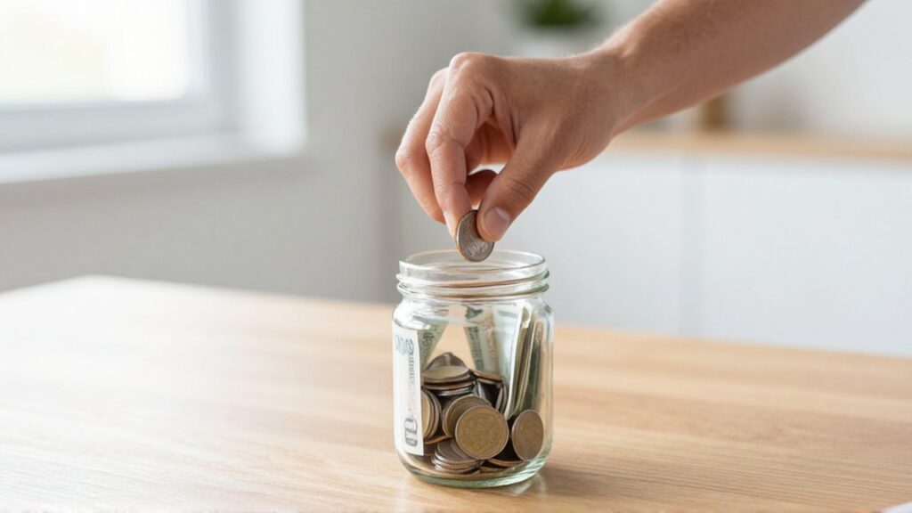 Unas manos depositan una moneda de plata en un frasco de vidrio con billetes y monedas sobre una mesa de madera.