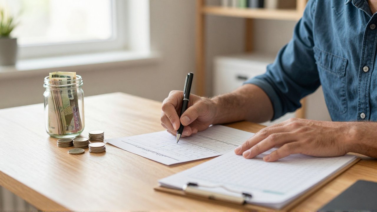Una persona marca un calendario con un bolígrafo junto a un cuaderno y un frasco con billetes sobre un escritorio de madera.