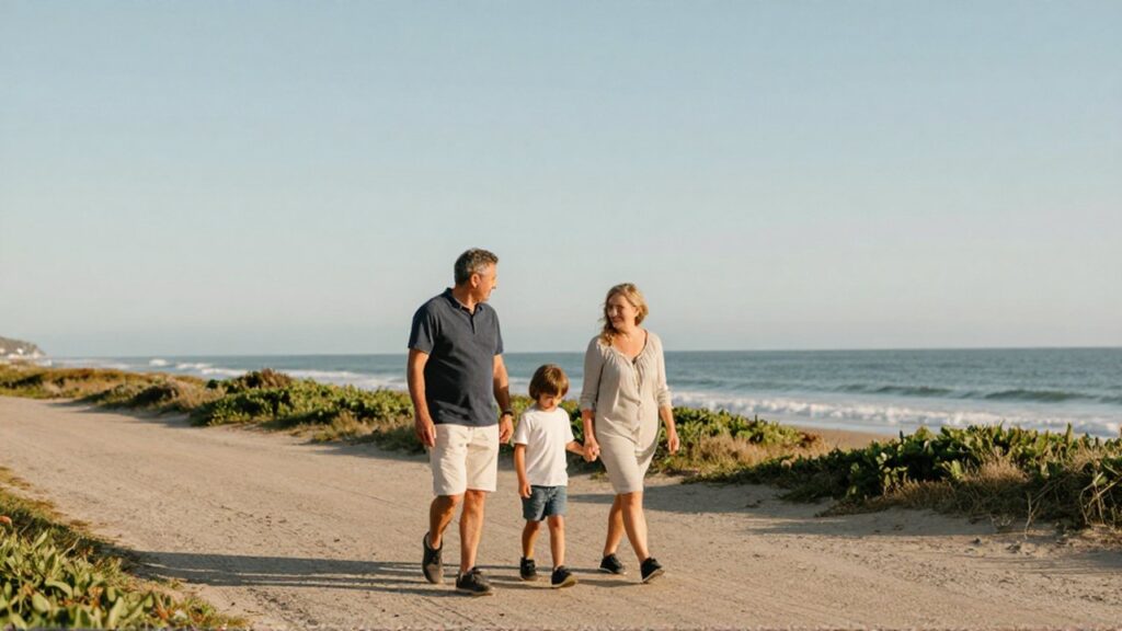 Una pareja de mediana edad y un niño caminan por un sendero costero junto al mar.