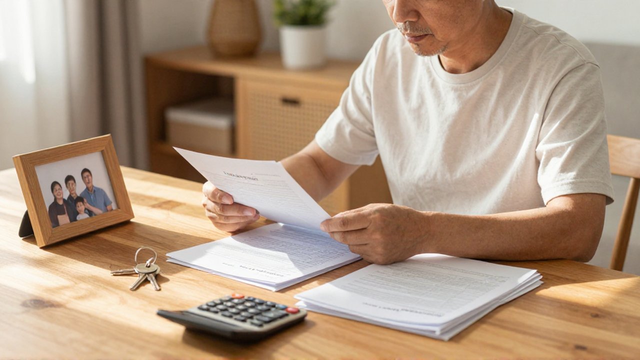 Persona de mediana edad sentada ante una mesa de madera revisando documentos con llaves y una calculadora.